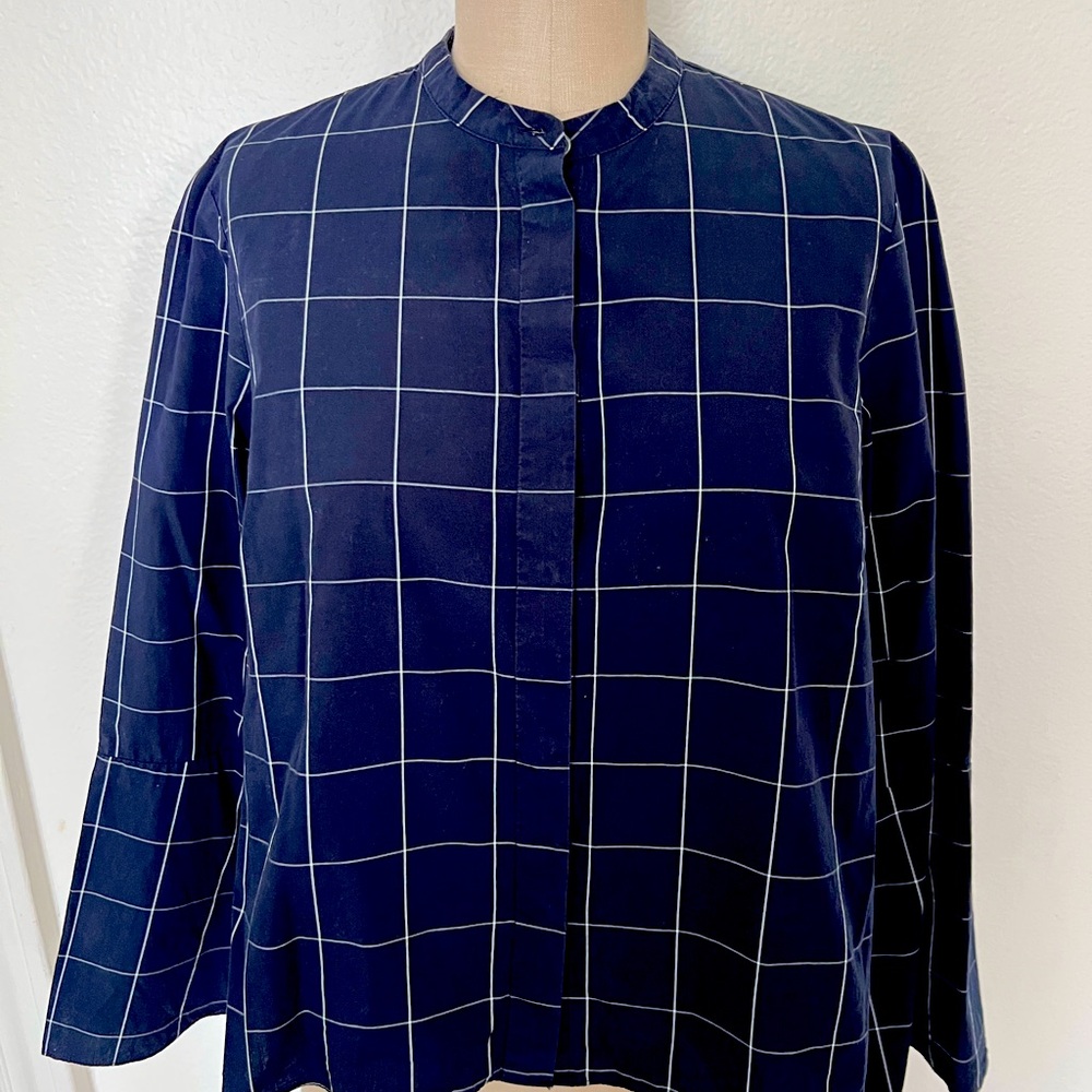 Madewell- 100% cotton poplin windowpane peasant blouse with bell sleeves.